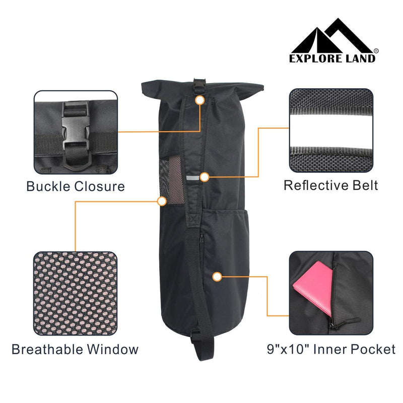 [Australia - AusPower] - Explore Land Oxford Yoga Mat Storage Bag with Breathable Window and Large Pocket for Up to 1/2 Inches Extra-Thick Yoga Mat Black Fits for Standard Yoga Mat 