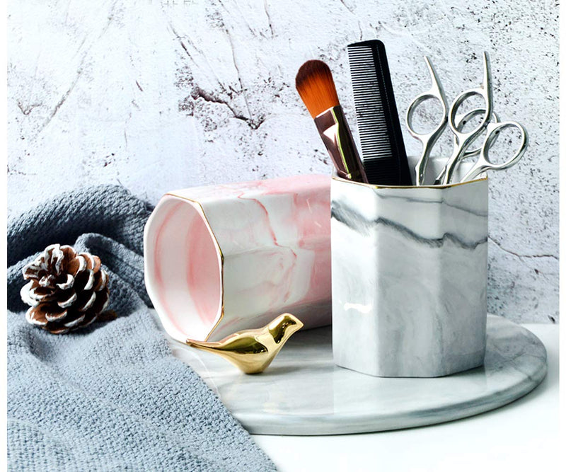 [Australia - AusPower] - WAVEYU Pen Holder, Stand for Desk Marble Pattern Pencil Cup for Girls Kids Durable Ceramic Desk Organizer Makeup Brush Holder for Office, Classroom, Home, Gray Marble 