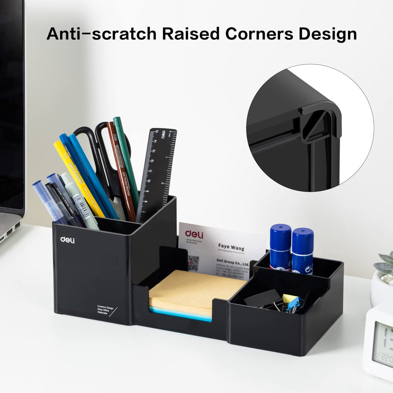 [Australia - AusPower] - Deli Desk Organizer, Plastic Desktop Organizer with Pencil Holder and Sticky Note Tray, Office Stationery Supplies Organizers Accessories Caddy, 6 Compartments, Black 