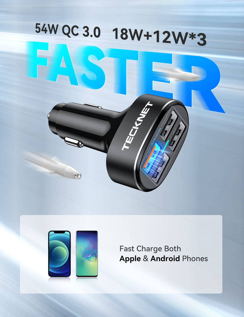 [Australia - AusPower] - TECKNET USB Car Charger 54W 4-Port USB Car Charger Adapter QC 3.0 Port Compatible with iPhone 13 12 11 Pro Max X XR XS 8 Samsung Galaxy Note 20/10 S21/20/10 Google Pixel Black 