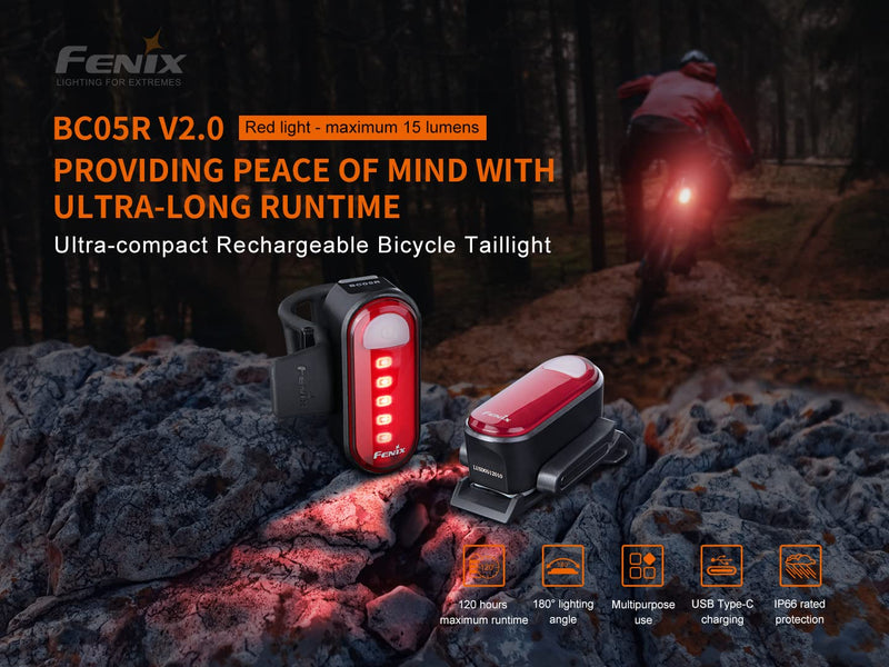 [Australia - AusPower] - EdisonBright Fenix BC05R V2 USB-C Rechargeable Bike Light Bicycle Red Tail Light Type-C Charging Cable Bundle 