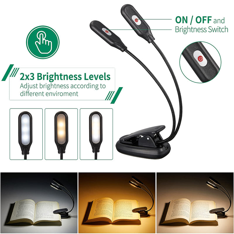 [Australia - AusPower] - 2 Pieces 10 LED Rechargeable Book Light Lamp Reading Lights for Books in Bed Music Stand Light Clip On Reading Light for Bookworms,Kids & Music Lovers, 3 Level Brightness 