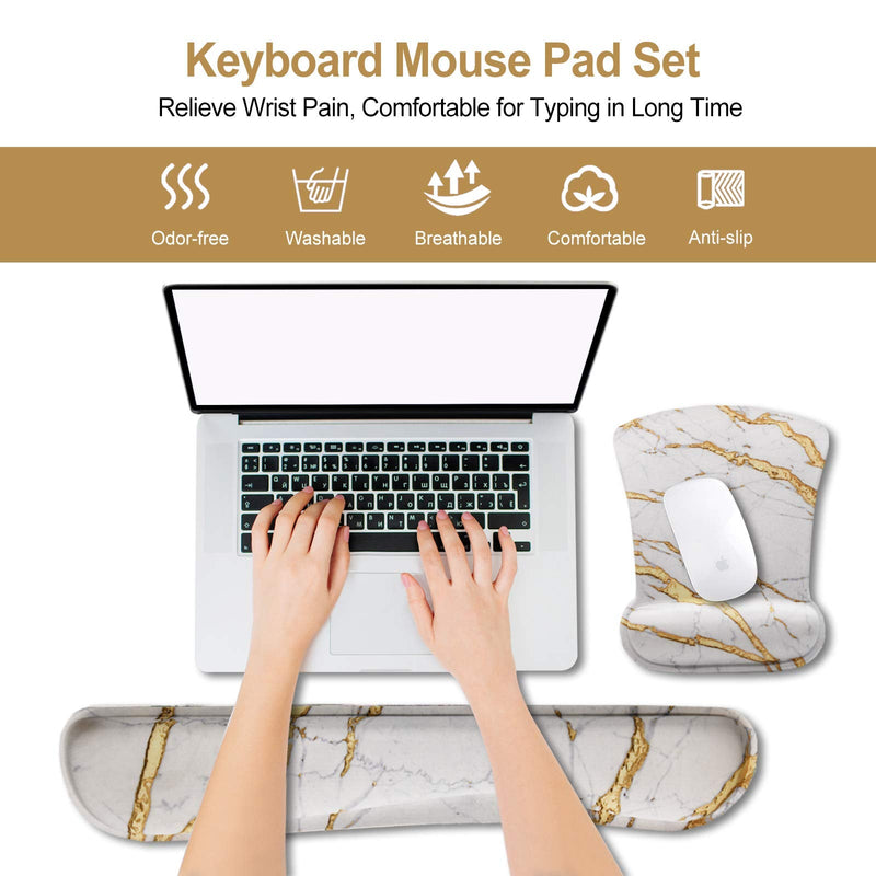 [Australia - AusPower] - ArtSo Keyboard Wrist Rest and Mouse Pad with Wrist Support, Ergonomic Mouse Pad, Durable & Comfortable & Lightweight for Easy Typing Pain Relief, Memory Foam Keyboard Mousepad Set, White Yellow Marble 