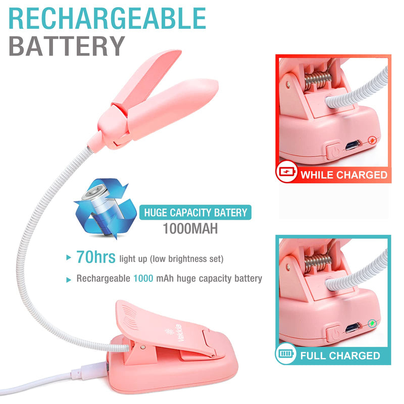 [Australia - AusPower] - Vekkia 14 LED Rechargeable Book-Light for Reading at Night in Bed, Warm/White Reading Light with Clamp, 180° Adjustable Mini Clip on Light, Lightweight Eye Care Book Light Perfect for Readers & Kids Pink 