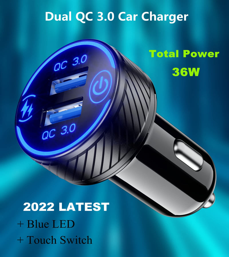 [Australia - AusPower] - Car Charger, BRCOVAN Dual QC3.0 Port USB Car Charger Adapter, 36W 3A Fast Charge Car Phone Charger with Touch Switch & Blue LED 