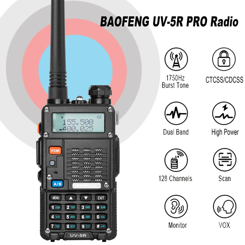 [Australia - AusPower] - Ham Radio, Baofeng UV-5R Pro Radio, 128 Channels Programmable Dual Band Handheld Two-Way Radios, Portable Walkie Talkies Long Range with Rechargeable Battery(3800mAH+1800mAH), Charger, Earpieces, Mic 