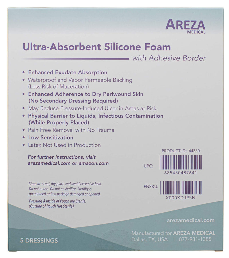 [Australia - AusPower] - Ultra-Absorbent Silicone Foam Dressing with Border (Adhesive) Waterproof 6" X 6" (15 cm X 15 cm) (Central Ultra Absorbent-Foam Pad is 4.15" X 4.15") 5 Per Box (1); Wound Dressing by Areza Medical 1 