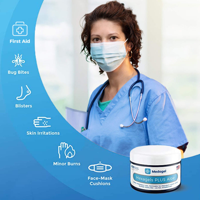 [Australia - AusPower] - Medagel Hexagels Plus Aloe Vera - Hydrogel Pads Protection and Treatment | Blister Prevention | Instant Cooling and Soothing Relief of Skin Irritations | 200ct Hexagon Pads 200 Count (Pack of 1) 