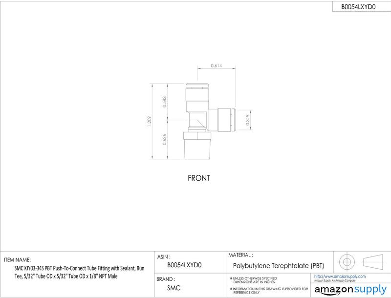 [Australia - AusPower] - SMC KQ2Y03-34NS PBT & Nickel Plated Brass Push-to-Connect Tube Fitting with Sealant, Run Tee, 5/32" Tube OD x 5/32" Tube OD x 1/8" NPT Male 