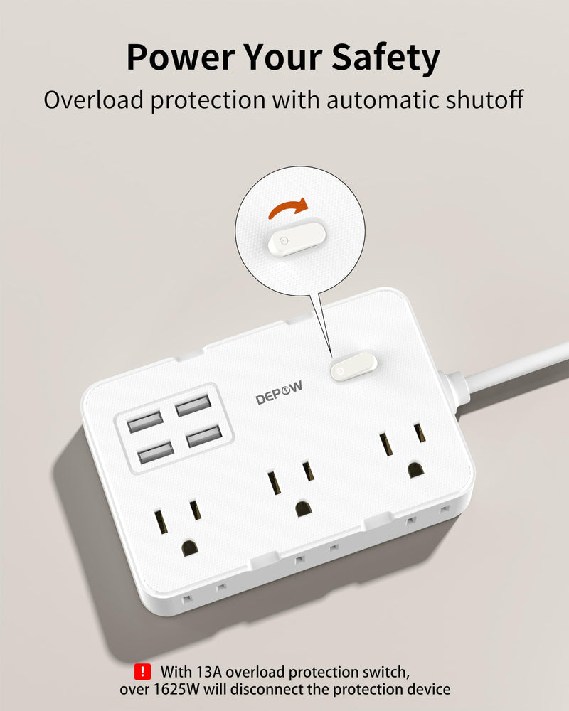 [Australia - AusPower] - DEPOW Power Strip with 6 AC Outlets and 4 USB-A Ports,Wall Mount 45Â° Angled Plug Charging Station with Power Switch, 3Ft Extension Cord for Cruise Ship, Dorm Room, Travel Essentials, White 