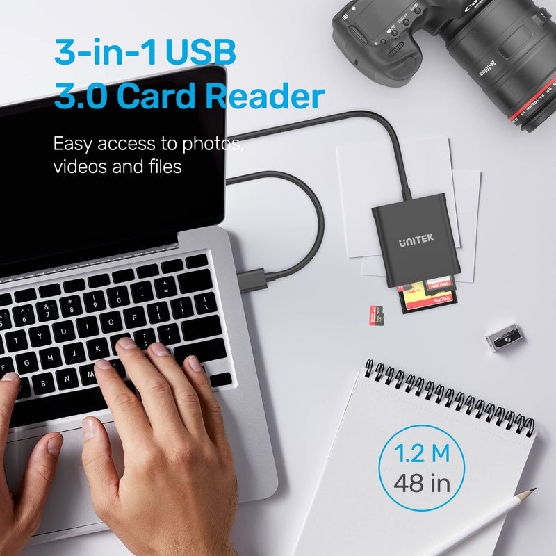 [Australia - AusPower] - Unitek USB Card Reader 3-Slot USB 3.0 Compact Flash Card Reader, Read 3 Cards Simultaneously, Aluminum Memory Card Adapter CF, TF, SDXC, SDHC, SD, Micro SDXC, Micro SD, Micro SDHC- 4FT (Black) 4ft / Black / USB-A 