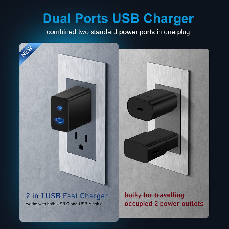 [Australia - AusPower] - Dual Port USB C Charger, Excgood 25W+15W Super Fast Charging Type C Phone Charger with 6ft USB C to C Cable Compatible with Samsung Galaxy S23 Ultra S22 S21 S20 A53 A54 A14 Tab S8-2Pack,Black White Black White 