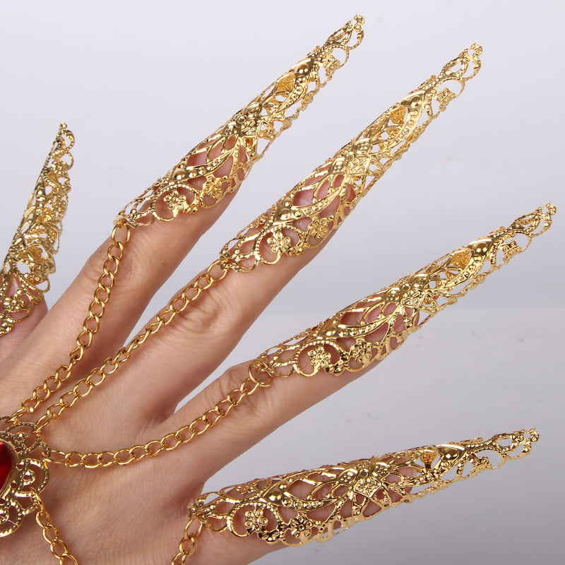 [Australia - AusPower] - CROWN GUIDE Women's Belly Dancer Costumes Gypsy Egyptian Queen Costume Accessories Bangles with Finger Claws Goth Nails Indian Hand Jewelry Set Gold 