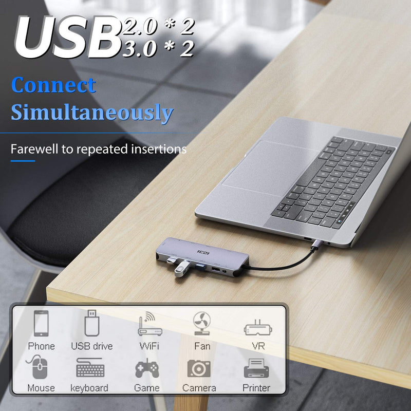 [Australia - AusPower] - USB C Hub ,Type C Hub ,ICZI 11 in 1 Adapter with Ethernet ,4K USB C to HDMI,VGA, 2 USB 3.0 2 USB 2.0, SD/TF Card Reader,Mic/Audio,USB C Pd 3.0, Compatible for Mac Pro and Other Type C Laptops 