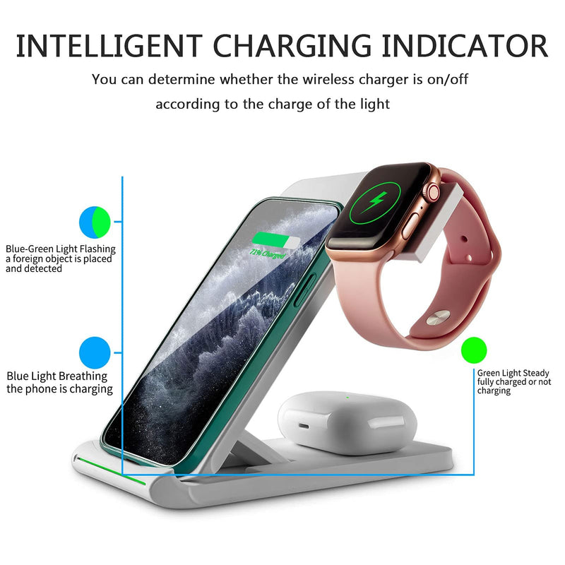 [Australia - AusPower] - 3 in 1 Wireless Charger for Apple Products, Foldable Wireless Charging Station for iWatch2/3/4/5/6/SE, iPhone 13/13 Pro/13 Pro Max/12/12pro max/SE2/11/11pro/XsMax/X/XR/8/8Plus White 2 