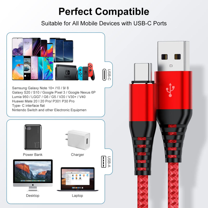 [Australia - AusPower] - USB A to Type C Cable, Cabepow [3Pack] 6Ft Fast Charging 6 Feet USB Type C Cord for Samsung Galaxy A10/A20/A51/S10/S9/S8, 6 Foot Type C Charger Premium Nylon Braided USB Cable -Red Red 6Feet 