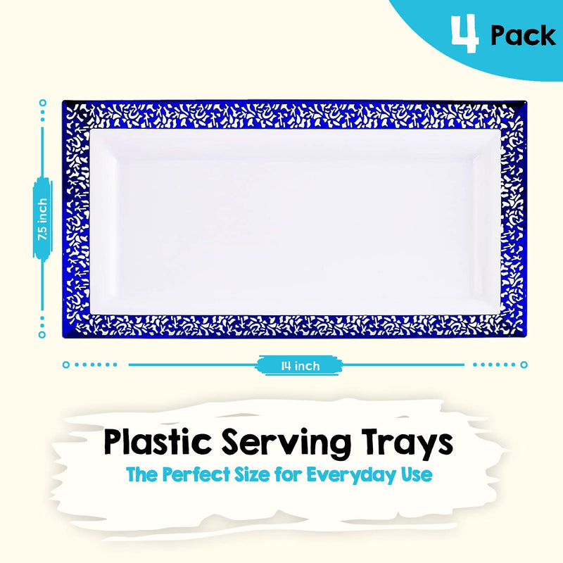 [Australia - AusPower] - Yumchikel - Elegant Plastic Serving Tray & Platter Set (4pk) - Blue & White Lace Rim Disposable Serving Trays & Platters for Food - Weddings, Parties, Dessert Table, Cupcake display - 7.5x14 inches 