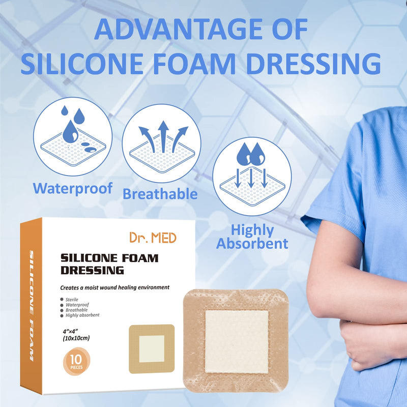 [Australia - AusPower] - Dr. Med Silicone Foam Dressing 4"x4", Waterproof Border Adhesive Wound Care Pad, Central Super-Absorbent Foam Bandage for Pressure Sore, Diabetic Ulcer, Leg Ulcer and Burns(10 PCS/Box) 4" x 4" (Pack of 10) 