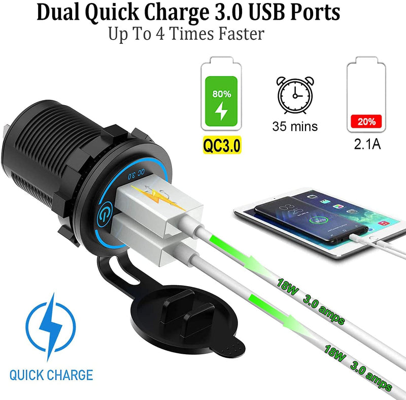 [Australia - AusPower] - [2 Pack] 12V USB Outlet, Quick Charge 3.0 Dual USB Power Outlet with Touch Switch, Waterproof 12V/24V Fast Charge USB Charger Socket DIY Kit for Car Boat Marine Bus Truck Golf Cart RV Motorcycle, etc. 