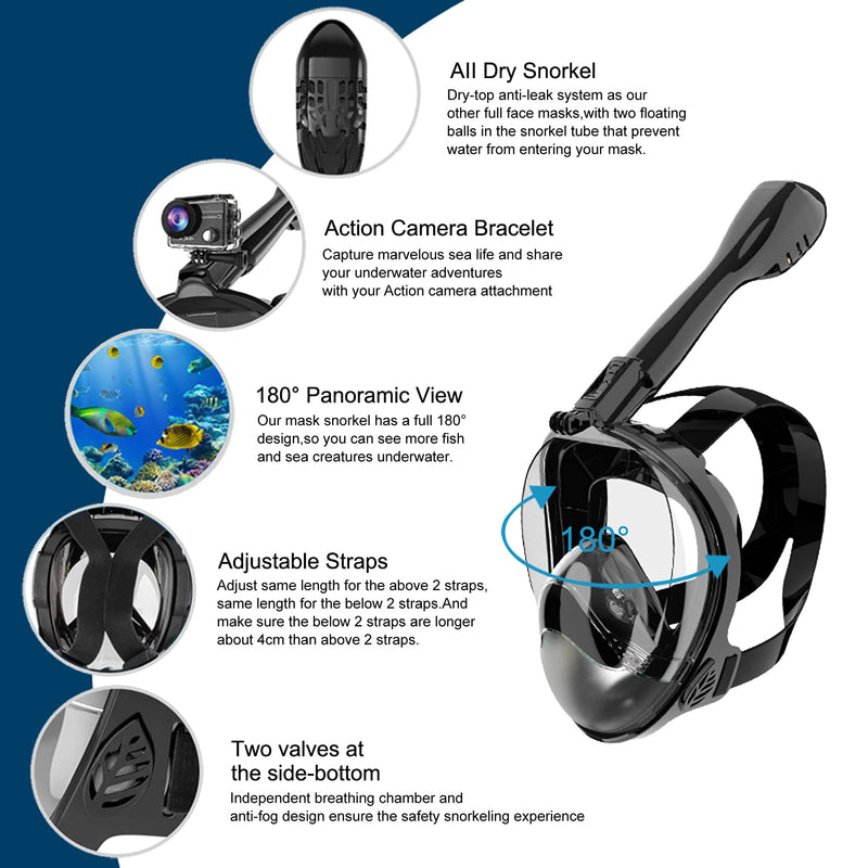 [Australia - AusPower] - Jwintee Full Face Snorkel Mask, Diving Mask for Kids and Adults,180° Panoramic View Snorkel Mask with Camera Mount, Safe Breathing, Anti-Leak&Anti-Fog Black/black Medium 