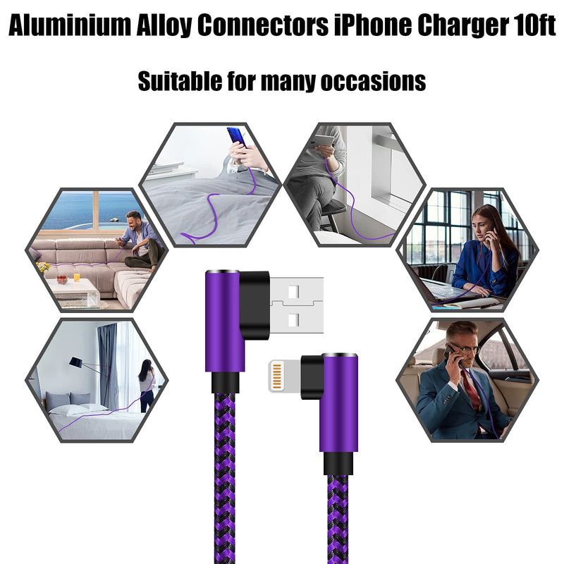 [Australia - AusPower] - iPhone Charger 10 ft MFi Certified 3 Pack Right Angle Lightning Cable Nylon Braided 90 Degree iPhone Cable Cable for iPhone 13 12 11 Pro X XS XR 8 Plus 7 6 5(Purple Black, 10 Foot) Purple Black 