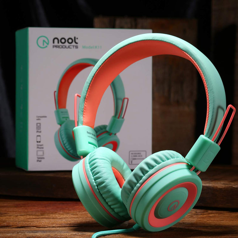 [Australia - AusPower] - Kids Headphones-noot products K11 Foldable Stereo Tangle-Free 5ft Long cord 3.5mm Jack Plug in Wired On-Ear Headset for iPad/Amazon Kindle,Fire/Boys/Girls/School/Travel/Plane/Tablet/Laptop(Mint/Coral) Mint 
