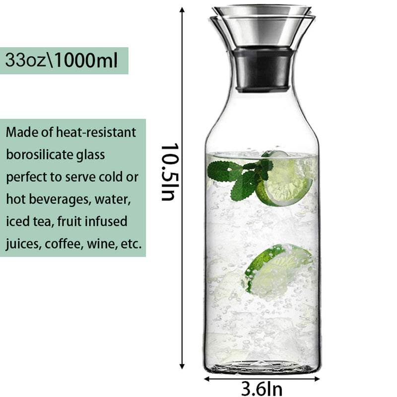 [Australia - AusPower] - WUWEOT 35 OZ Glass Carafe, Borosilicate Water Carafe Jug Beverage Pitcher with Stainless Steel Lid for Water, Milk, Coffee, Serving Wine, Homemade Iced Tea and Juice, Heat Resistant 