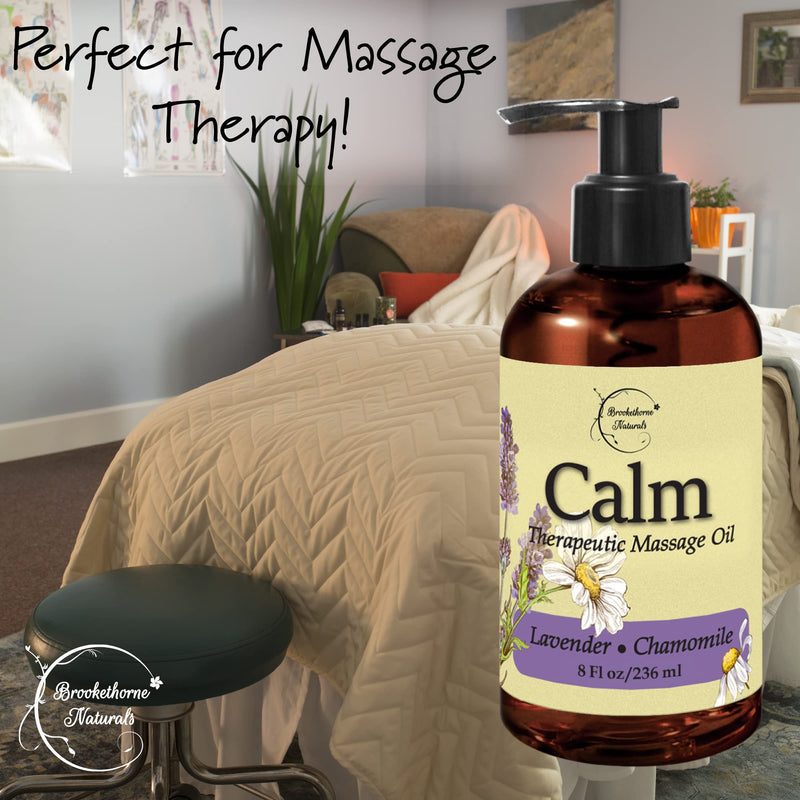 [Australia - AusPower] - Calm Massage Oil with Lavender & Chamomile Essential Oils to Relax Sore Muscles - for Massage Therapy & Home use – with Coconut, Grapeseed & Jojoba Oils for Smooth Skin– Brookethorne Naturals - 8oz 