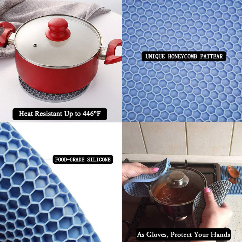 [Australia - AusPower] - Silicone Trivet Mats, Silicone Pot Holders for Hot Pan and Pot Pads. Heat Resistant Counter Mats for Tables, Countertops, Spoon Rest and Large Coasters, 4 Pack Gray& Blue(2 Squared + 2 Round Mats) A-Blue, Gray 