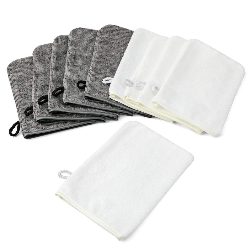 [Australia - AusPower] - PHOGARY 10 Pack Microfiber Body Wash Mitts, Soft Face Mitten, Bath Spa Cloth, Reusable Makeup Remover Mitt Gloves, European Style Wash Cloth,6×8inch, White and Grey 