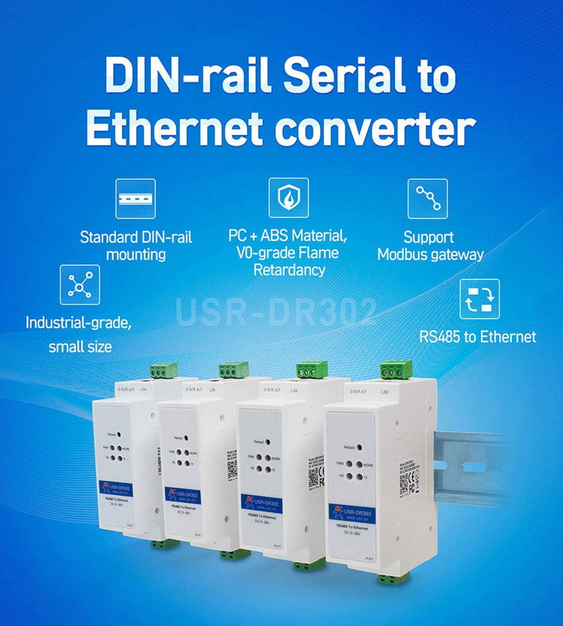 [Australia - AusPower] - PUSR USR-DR302 Din-Rail RS485 to Ethernet Converter Bidirectional Transparent Transmission Between RS485 and RJ45 