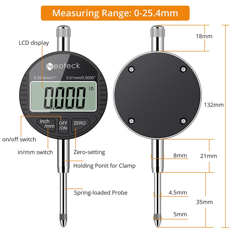[Australia - AusPower] - Neoteck Electronic Digital Dial Indicator Gage Gauge 0-1 Inch/25.4 mm Inch/Metric Conversion Auto Off Featured Measuring Tool for 3D Printer Leveling, etc. - Black 