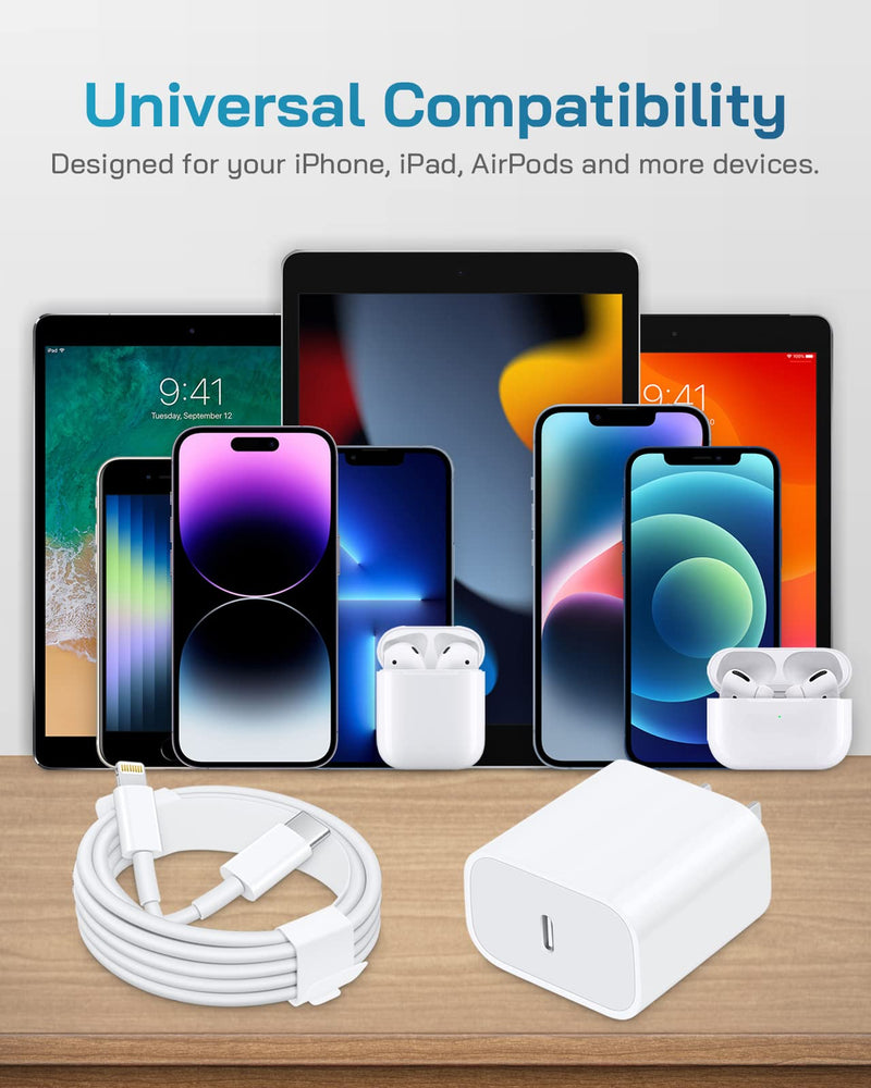 [Australia - AusPower] - iPhone Chargers Fast Charging [3 Pack], [Apple MFi-Certified] 20W USB-C Wall Charger Cube with 6Ft USB-C to Lightning Cable Compatible with iPhone 14/13/12/11/X/XR/8/7, iPad & More 