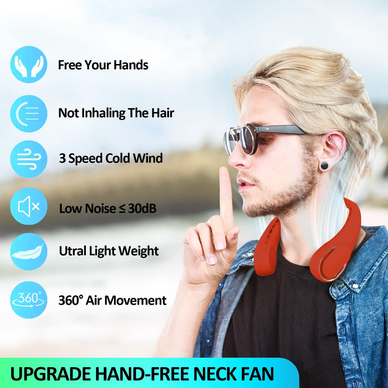 [Australia - AusPower] - Portable Neck Fan, Personal Bladeless Neck Fans 4000mAh, Upgrade 360° Airflow, Super Quiet, 3 Speeds, USB Wearable Hands Free Fan Rechargeable, Battery Operated Cooling Fan for Indoor Outdoor Travel Red 