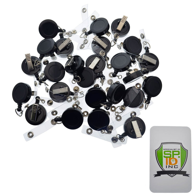 [Australia - AusPower] - 25 Pack - Bulk Premium Black Retractable Badge Reels with Alligator Swivel Clip & Vinyl Card Holder Strap by Specialist ID - Bulk Premium Black Retractable Name Badge Reels with Alligator Swivel Clip 25 Pack 