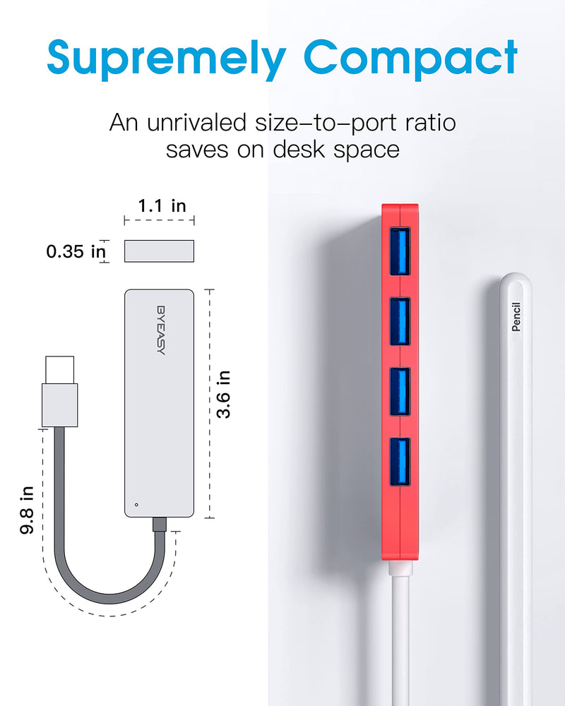 [Australia - AusPower] - USB Hub, BYEASY 4 Port USB 3.0 Hub, Ultra Slim Portable Data Hub Applicable for iMac Pro, MacBook Air, Mac Mini/Pro, Surface Pro, Notebook PC, Laptop, USB Flash Drives, Tesla Model 3 and Mobile HDD 0.8ft Red 