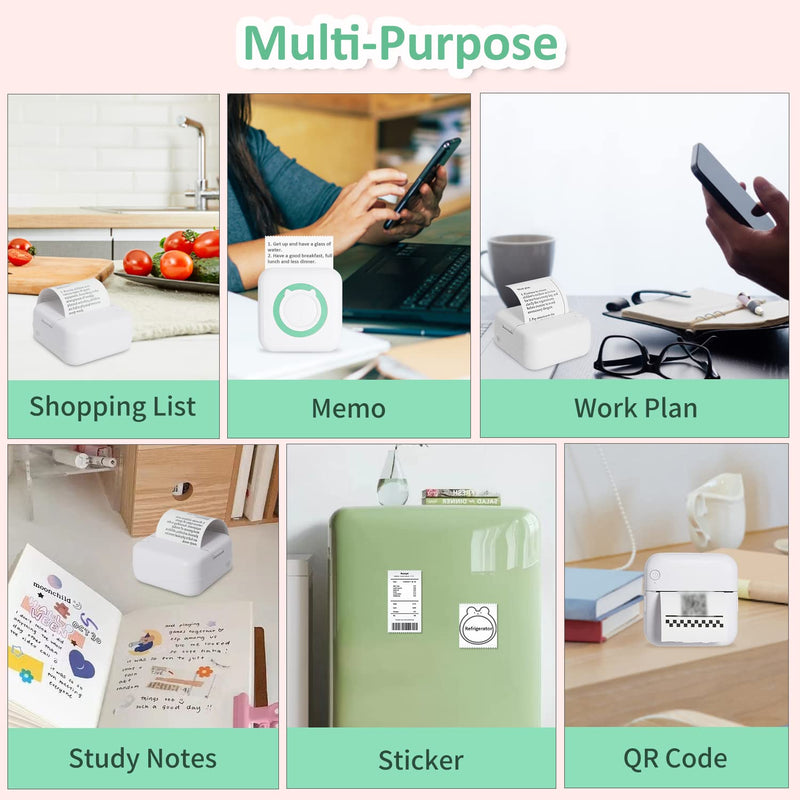 [Australia - AusPower] - AURTEC Mini Thermal Printer, Portable Wireless Bluetooth Inkless Printer with 3 Rolls of Sticker and 3 Rolls of Thermal Paper, Compatible with Android/iOS, Pocket Printer for Memo, DIY, Photo and More Green 