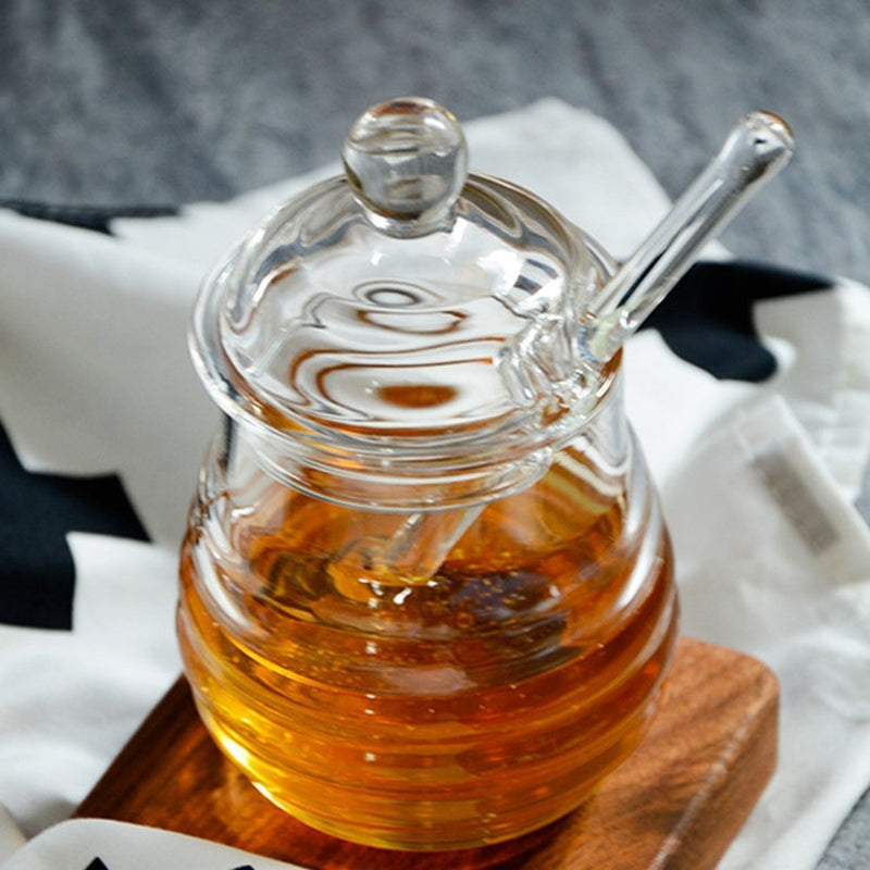 [Australia - AusPower] - Mkono Honey Jar with Dipper and Lid Glass Honey Pot Container Dispenser for Home Kitchen,9 Ounce,Clear 