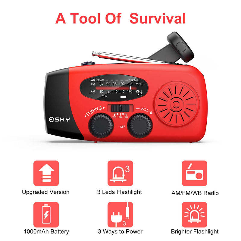 [Australia - AusPower] - Hand Crank Radio with Flashlight for Emergency, Esky Portable Solar Radios, Self Powered AM/FM NOAA Weather Radio with 1000mAh Power Bank Cell Phone Charger, USB Rechargeable, Great Emergency Supplies Red 
