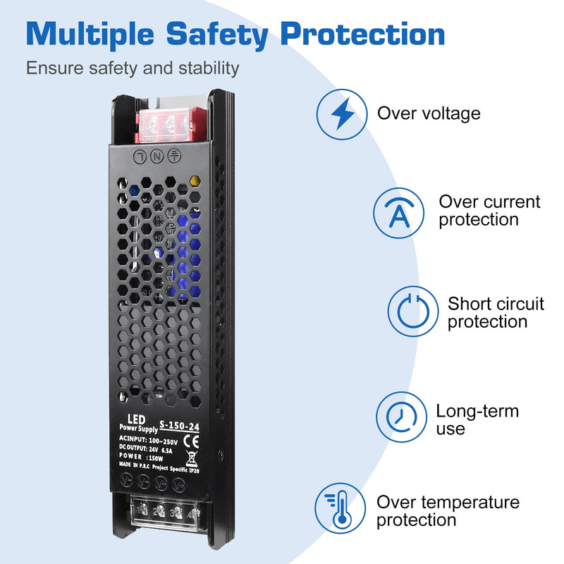 [Australia - AusPower] - PZETCEIR LED Driver 24V 150W 6.5A Slim LED Power Supply, AC 110V/240V to 24V DC Adapter, Constant Voltage LED Transformer for LED Strip Lights, LED Bulbs, Garden Light, LED Cabinet Lights 