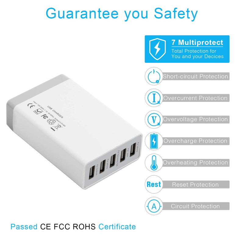 [Australia - AusPower] - 5-Port USB Charging Stations for Multiple Devices, Desktop 40W 8A Multi USB Wall Charger Compatible with Tablet, Phone, Cell Devices Product, Android Phone and All USB Port Devices 