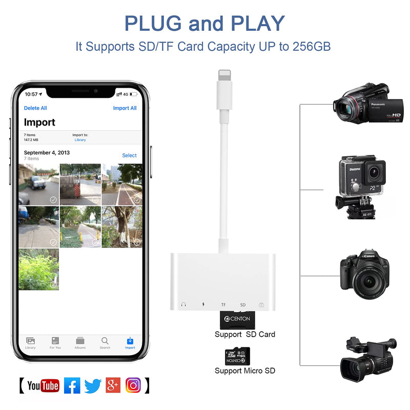 [Australia - AusPower] - SD Card Reader USB Camera Adapter to iPhone,5 in 1 USB OTG Camera Connection Kits Adapter with SD TF Card Reader and 3.5mm Headphone Jack and Charging Adapter for iPhone 13 Pro/iPad with iOS 14 5 in 1 SD Card Reader for iPhone 
