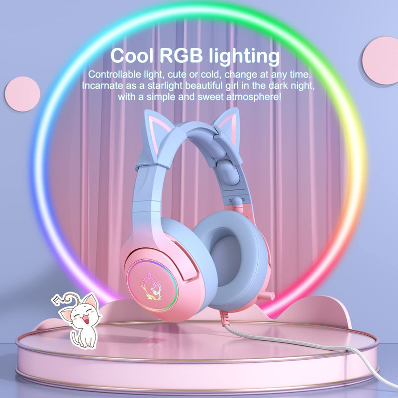 [Australia - AusPower] - PHNIXGAM Gaming Headset for PS4, PS5, Xbox One(No Adapter), Cat Ear Headphones with Noise Cancelling Microphone, RGB Backlight, Surround Sound for PC, Mobile Phone, Gradient Pink Blue 