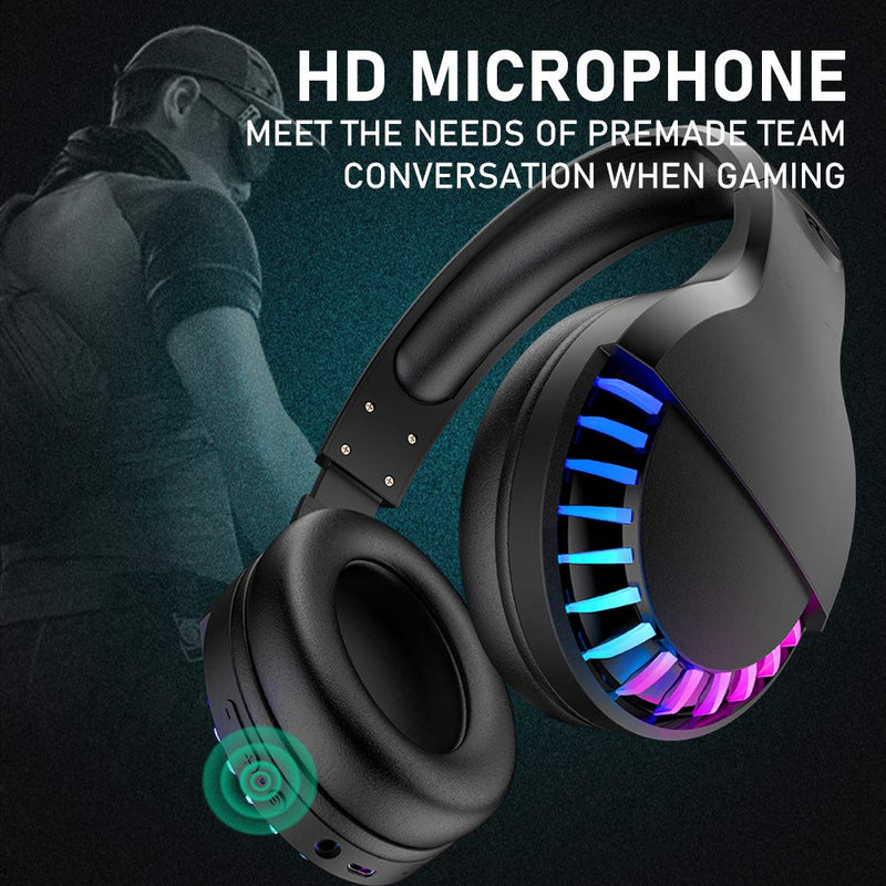 [Australia - AusPower] - Wireless Bluetooth Headphone with Noise Cancellation HiFi Stereo Sound Mic Deep Bass Protein Earpad Rainbow RGB Backlight Rechageable Over Ear Headset for PC Mac Game Travel Class Home Office(Black) Black 