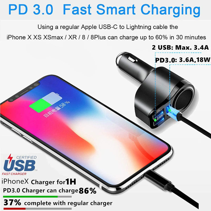 [Australia - AusPower] - 4 in 1 USB C Car Charger, 36W Multi USB Cigarette Lighter Adapter, Socket Splitter with 3 USB Ports, 12V/24V Dual USB Type C PD Fast Car Charger Adapter for iPhone 13/12/11/XS/8,iPad,Samsung,LG,GPS PD3.0 