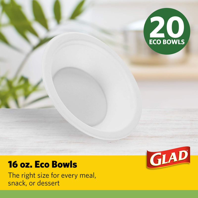 [Australia - AusPower] - Glad Compostable Paper Bowls | 16 oz Disposable Soup Bowls, 20 Count | Sugarcane Disposable Bowls, Microwavable and Freezer Safe, Leak Resistant Compostable Eco-Friendly Paper Bowls | Glad Paper Bowls 16 Ounce - 20 Count 