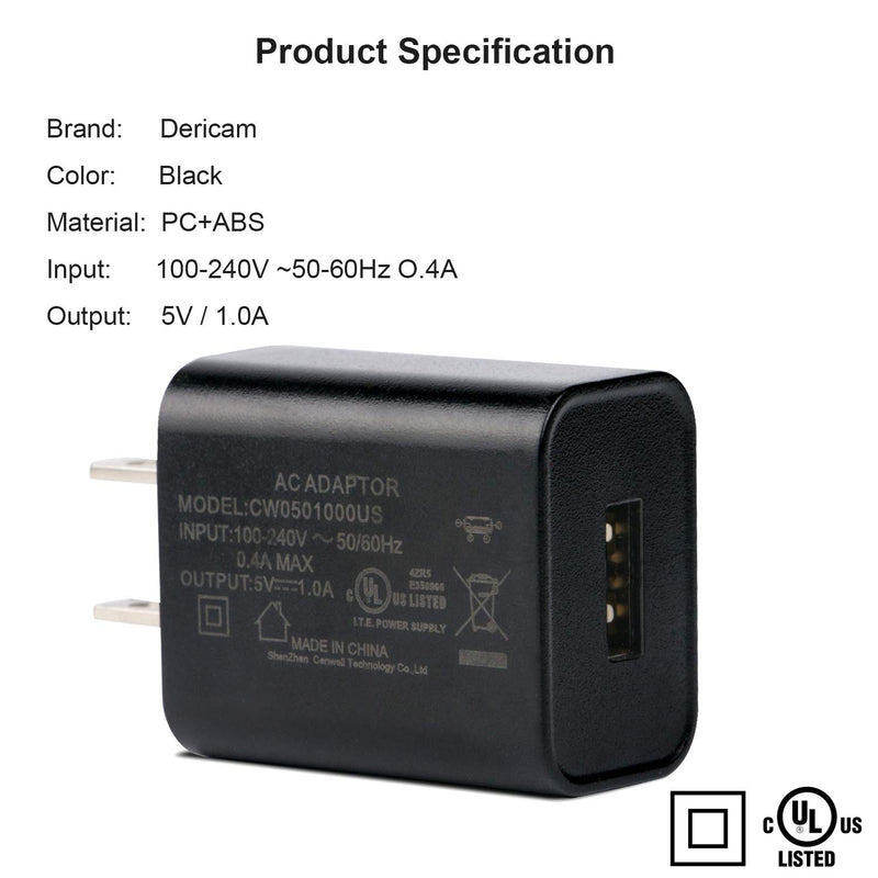 [Australia - AusPower] - Dericam 5V 1A Micro USB Wall Charger, Android Charger Cable, 5 Volt 1000mA AC to DC Power Adapter for Charging of Android Smartphone/Kindle Fire, Security Camera, 5ft/1.5M Power Cord, US Plug(Black) 5V1A-Black 
