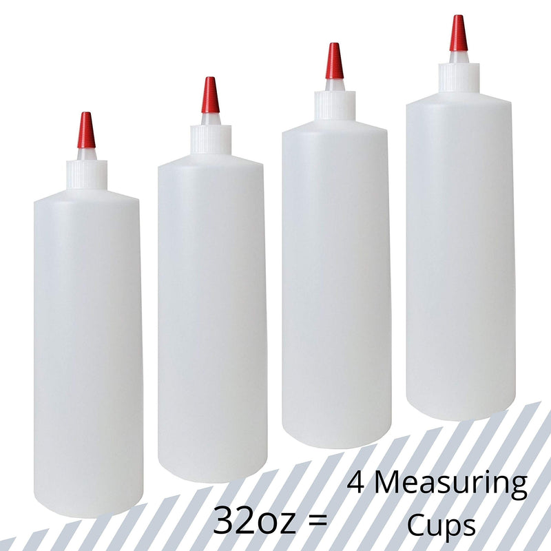 [Australia - AusPower] - kelkaa 32oz 28/410 HDPE Plastic Cylinder Squeeze Bottles with Dispensing Yorker Long Red Sealer Tip Caps, for Food, Crafts, DIY Liquid Products, Multi-Use Refillable Bottles (Pack of 4) 