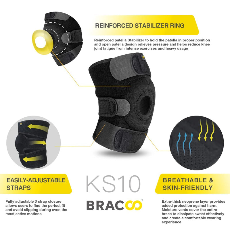 [Australia - AusPower] - Bracoo Adjustable Compression Knee Patellar Tendon Support Brace for Men Women - Arthritis Pain, Injury Recovery, Running, Workout, KS10 (Black) Black 