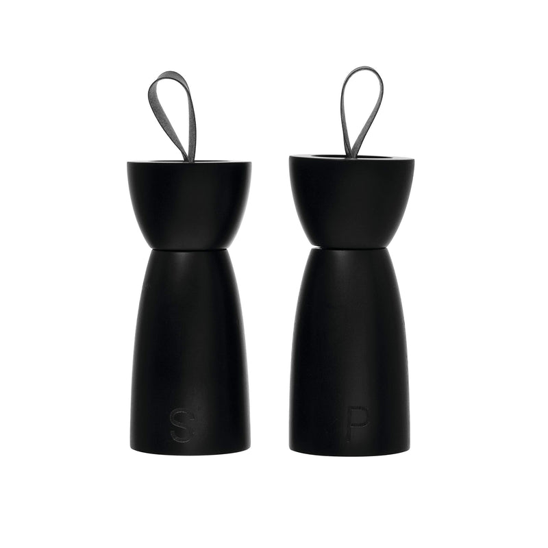 [Australia - AusPower] - Bloomingville Black Rubber Wood Mill with Leather Handle (Set of 2) Salt and Pepper Shakers 